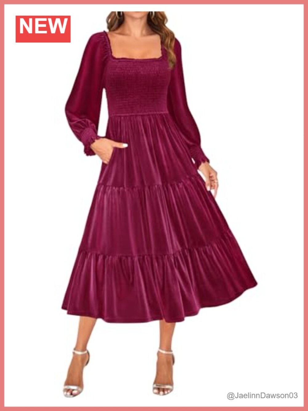 Velvet Long Puff Sleeve Square Neck Midi Dress A-Line Cocktail Party